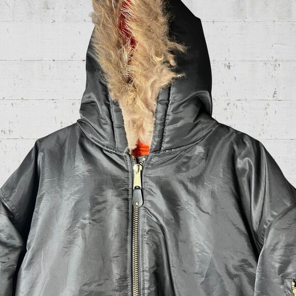 DELF Winter Coat Heavy Duty Military Retro Jacket Black Hooded Faux Fur Men's XL - Picture 2 of 12